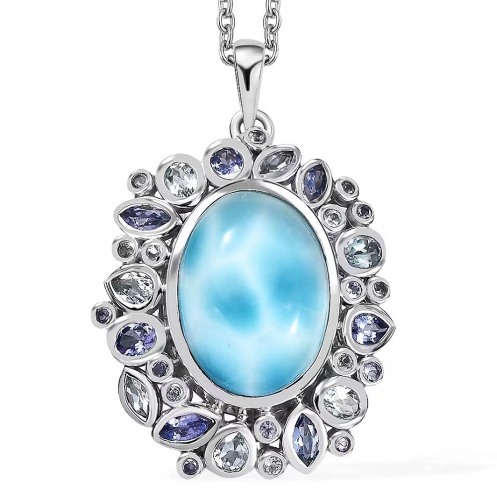 $950 Retail 16.90 Carat Larimar, Blue Topaz & Tanzanite Necklace in 925 SS